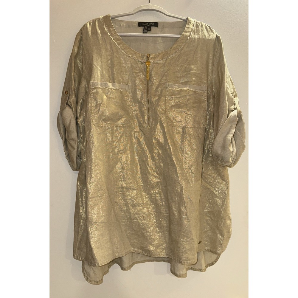 Ellen Tracy 100%‎ Linen Metallic Tunic Tan Gold Boho Retro Size 3X